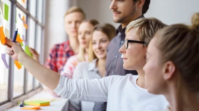 Team Erarbeitet Ideen Und Klebt Zettel An Ein Fenster
